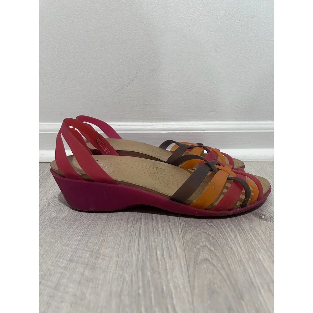 Crocs‎ Huarache Strappy Wedge Sandals Pink Orange Rainbow Womens Size 10